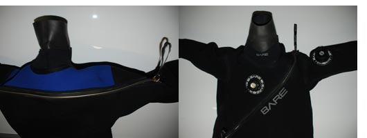 Dry suit zippers in front and on the back of the dry suit